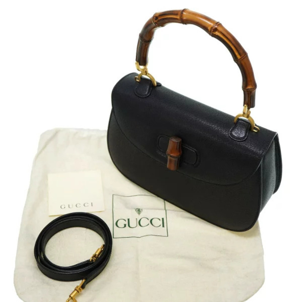 Gucci Black Handbag Strap Leather Shoulder Bamboo